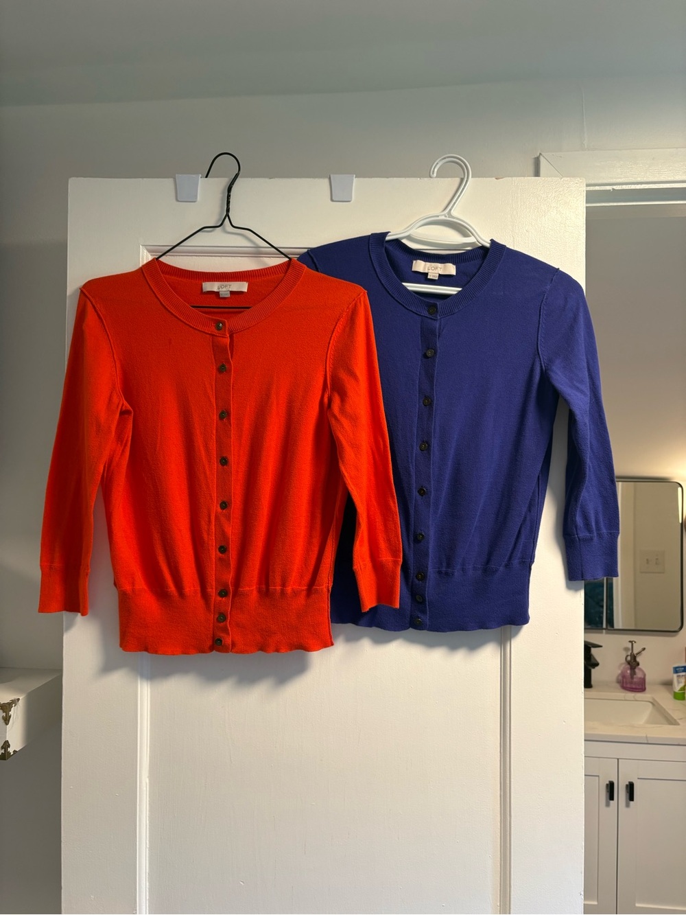 LOFT Button-Front Cardigan Pair in Bright Orange & Deep Blue